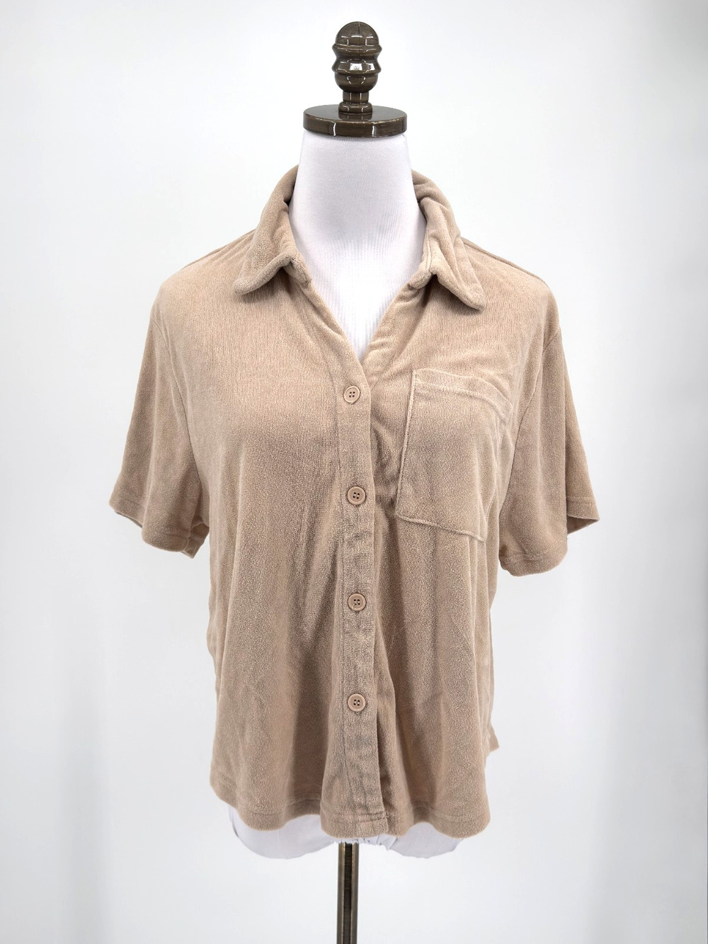 Araminta James Terry Cloth Beige Cotton Collared Button Down Shirt Sz S